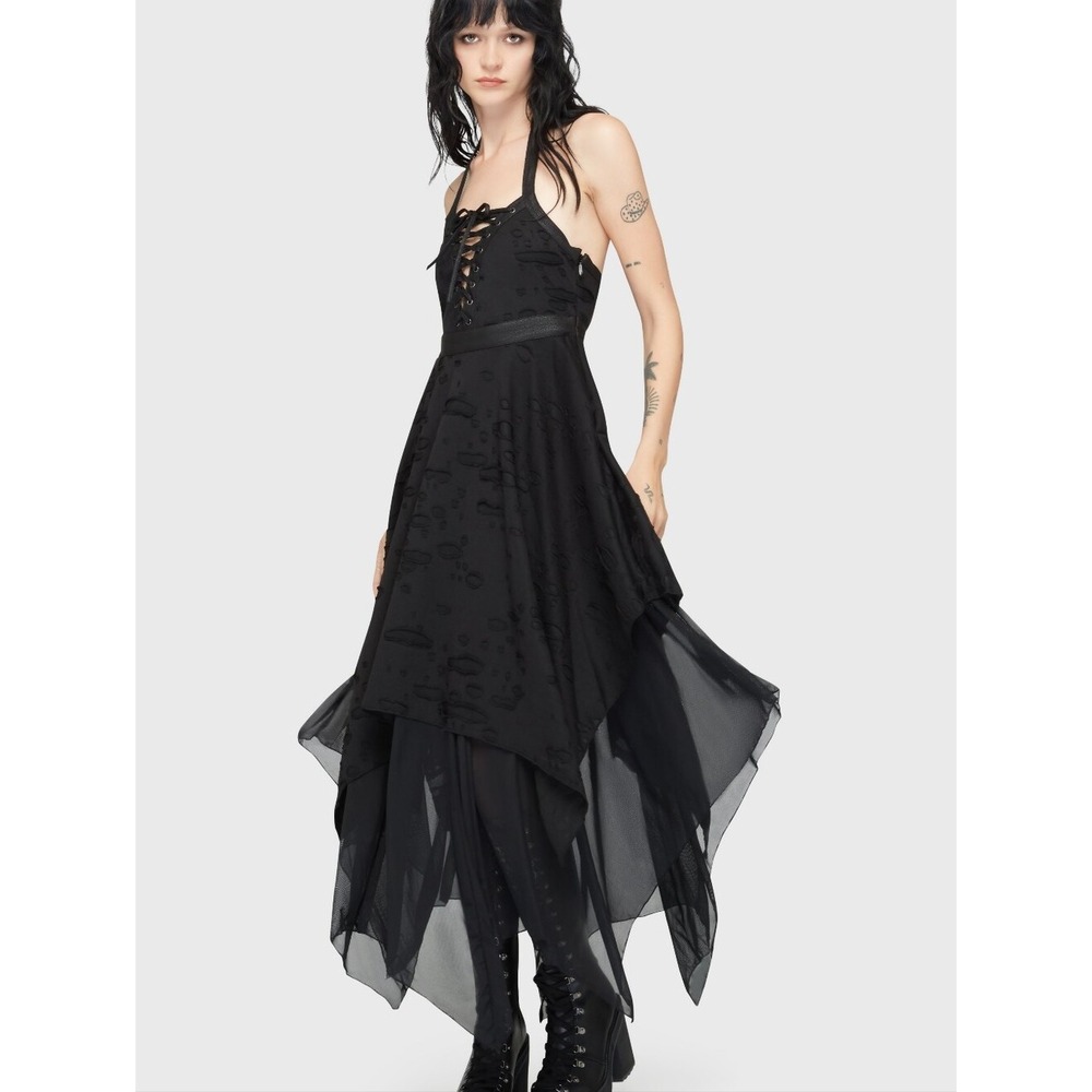 Killstar Badlands Black Dress Goth Western Lace Up Handkerchief Hem Midi Small